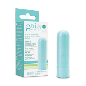 On the left side of the image is the Aqua variant product packaging, On the packaging gaia logo, feel nature by blush, the world's first sustainably made bullet, made of BioFeel non-petroleum plant-based material, safer for the environment blissful for you, 10 vibrating functions, body safe phthalate free, to the right is an image of the product, and at the bottom is the product name eco rechargeable bullet. Beside the packaging is the blush Gaia Eco Rechargeable aqua Bullet standing on its back.