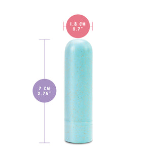 blush Gaia Eco Rechargeable Bullet measurements. Insertable width: 1.8 centimetres / 0.7 inches; Product length: 7 centimetres / 2.75 inches.