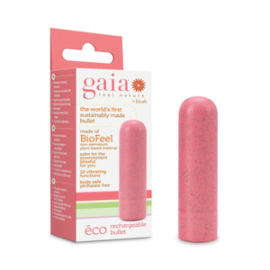 On the left side of the image is the coral variant product packaging, On the packaging gaia logo, feel nature by blush, the world's first sustainably made bullet, made of BioFeel non-petroleum plant-based material, safer for the environment blissful for you, 10 vibrating functions, body safe phthalate free, to the right is an image of the product, and at the bottom is the product name eco rechargeable bullet. Beside the packaging is the blush Gaia Eco Rechargeable coral Bullet standing on its back.