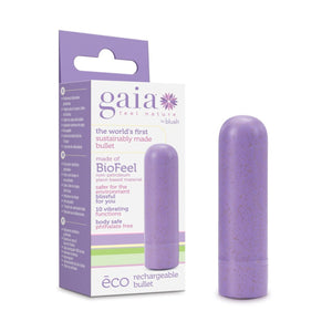 On the left side of the image is the lilac variant product packaging, On the packaging gaia logo, feel nature by blush, the world's first sustainably made bullet, made of BioFeel non-petroleum plant-based material, safer for the environment blissful for you, 10 vibrating functions, body safe phthalate free, to the right is an image of the product, and at the bottom is the product name eco rechargeable bullet. Beside the packaging is the blush Gaia Eco Rechargeable lilac Bullet standing on its back.