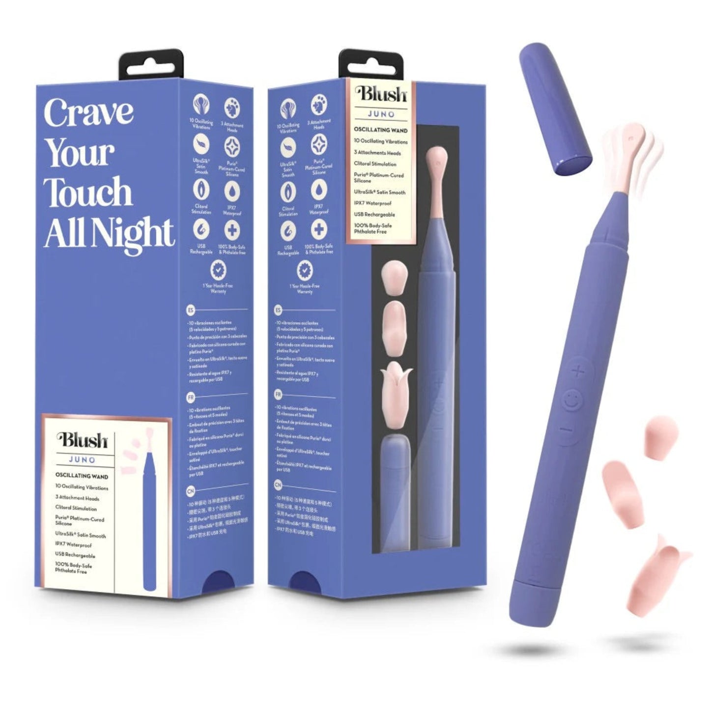 Complete Blush Juno oscillating wand vibrator package showing retail box panels alongside the floating purple wand and three interchangeable pink silicone heads.