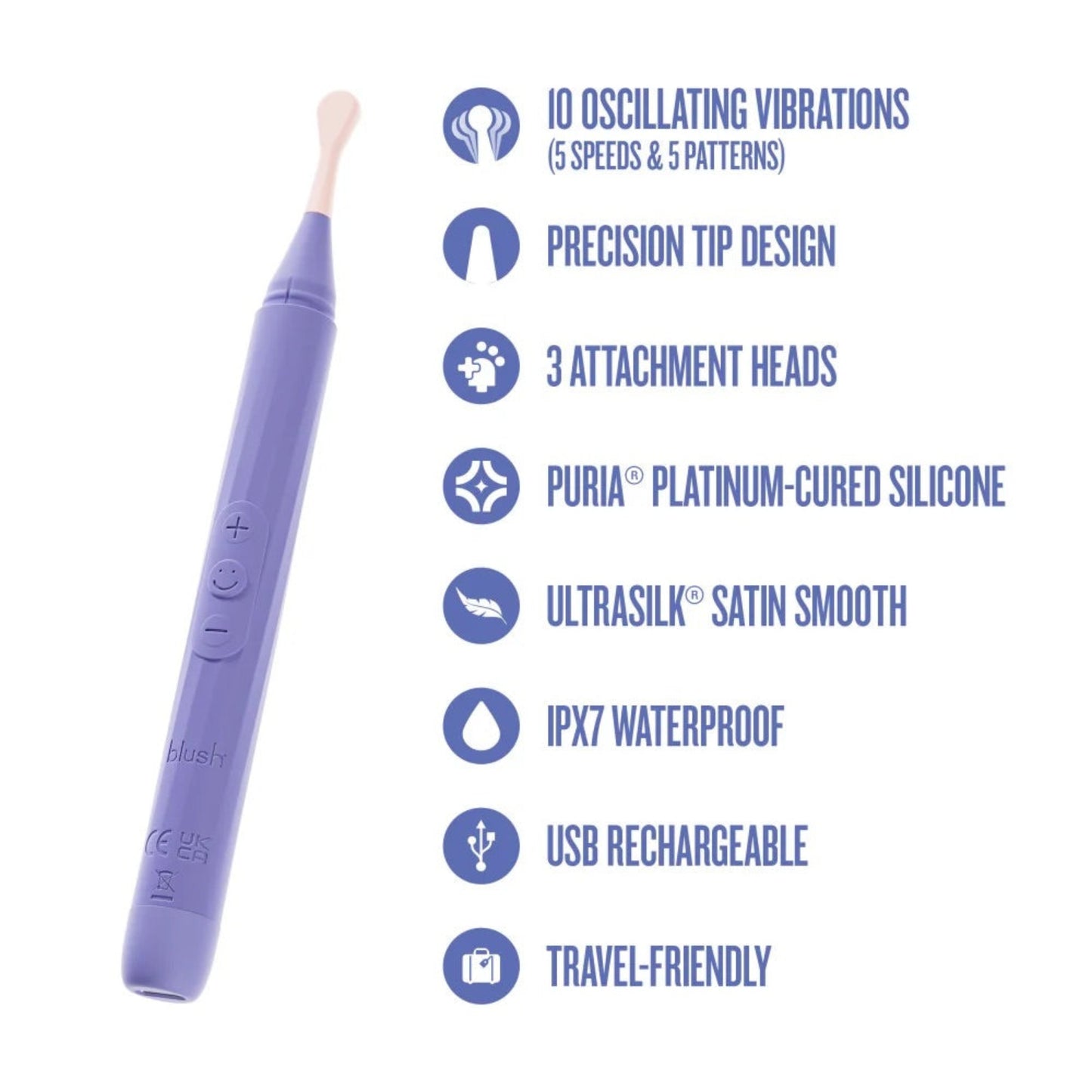 Feature overview of the Blush Juno purple oscillating wand highlighting 10 vibration modes, Puria platinum silicone, and IPX7 waterproof rating.