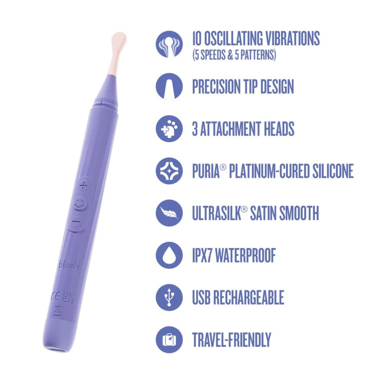 Feature overview of the Blush Juno purple oscillating wand highlighting 10 vibration modes, Puria platinum silicone, and IPX7 waterproof rating.
