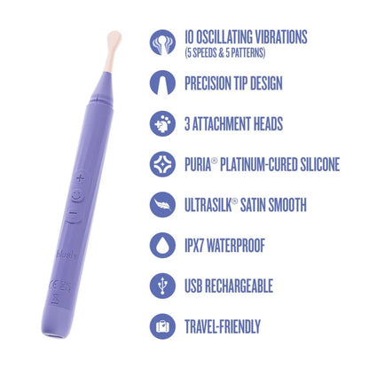 Feature overview of the Blush Juno purple oscillating wand highlighting 10 vibration modes, Puria platinum silicone, and IPX7 waterproof rating.