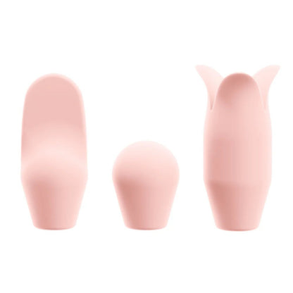 Blush Juno purple wand vibrator three interchangeable pink silicone attachment heads featuring flat paddle, pinpoint sphere, and petal stimulator.