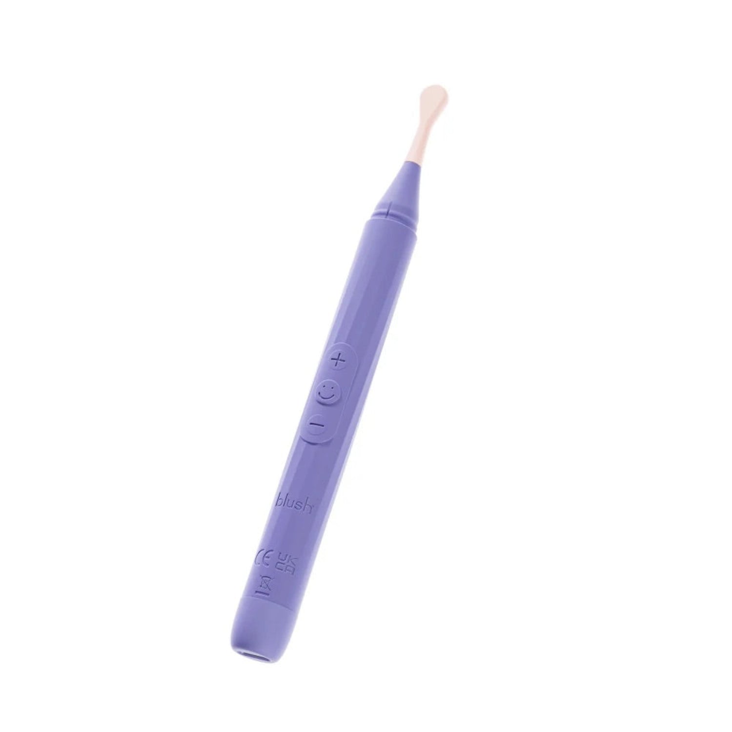 Angled profile of the Blush Juno purple pinpoint wand vibrator showing sleek handle and CE certification markings.
