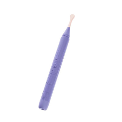 Angled profile of the Blush Juno purple pinpoint wand vibrator showing sleek handle and CE certification markings.