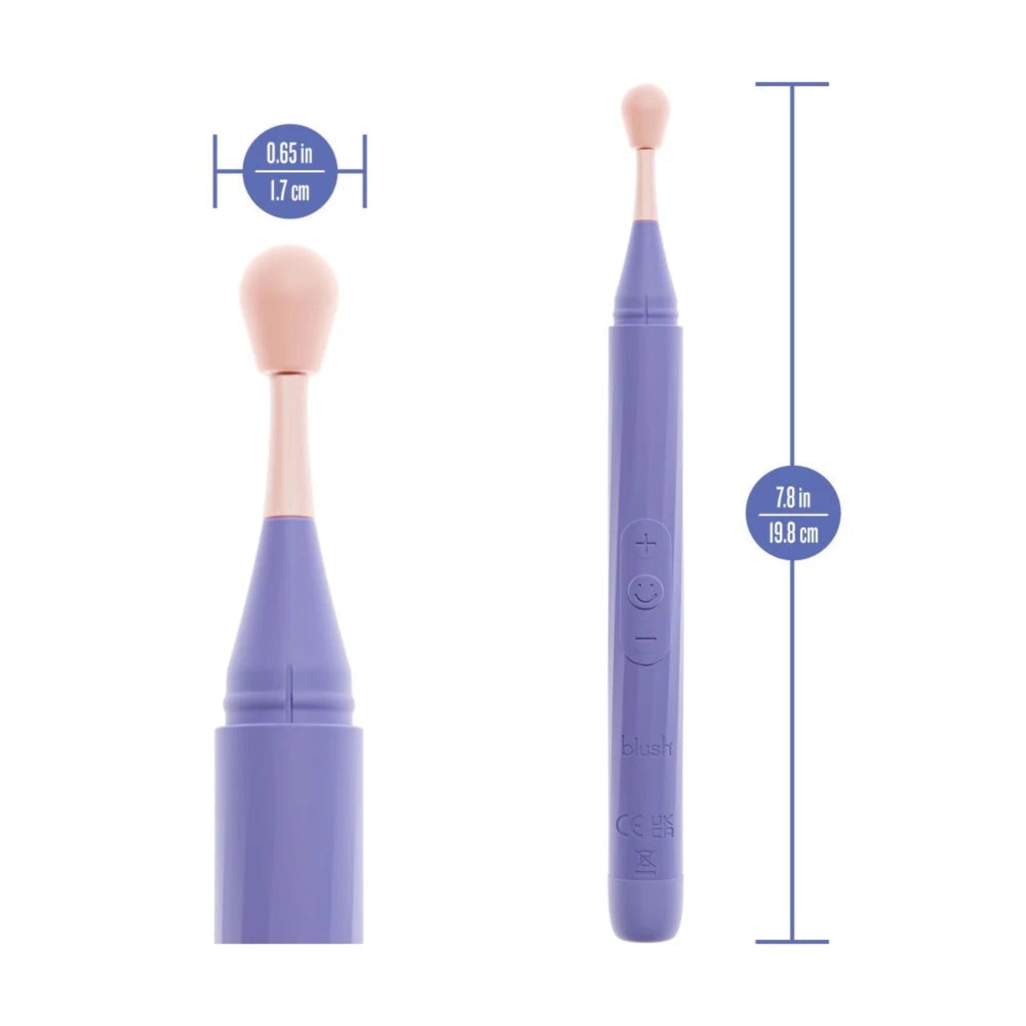 Dimension diagram of Blush Juno oscillating wand showing 19.8 cm (7.8 in) total length and 1.7 cm (0.65 in) tip diameter.