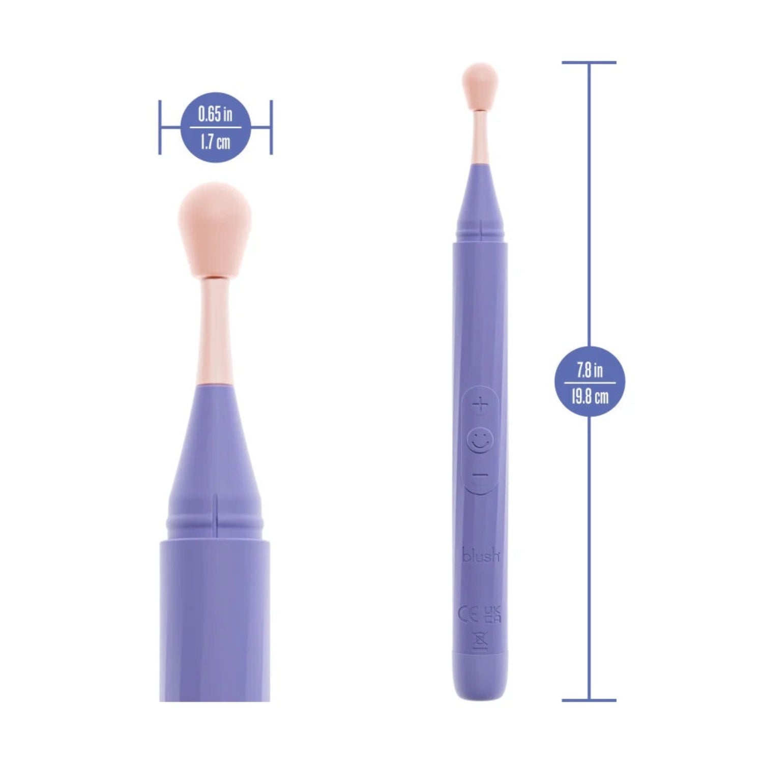 Dimension diagram of Blush Juno oscillating wand showing 19.8 cm (7.8 in) total length and 1.7 cm (0.65 in) tip diameter.
