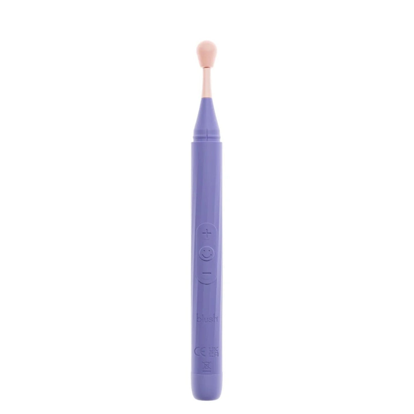 Full side view of the purple Blush Juno vibrating wand with rounded pinpoint tip against a white background.
