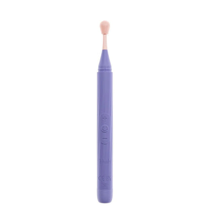 Full side view of the purple Blush Juno vibrating wand with rounded pinpoint tip against a white background.