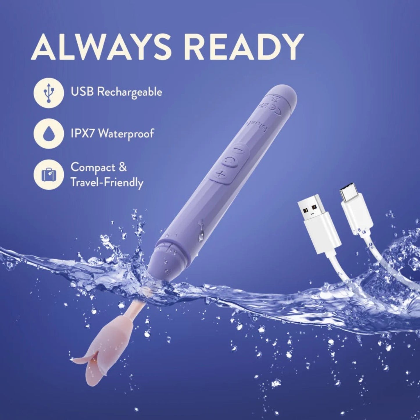 Blush Juno purple waterproof vibrator submerged in water beside USB charging cable showcasing IPX7 submersible travel-friendly design.