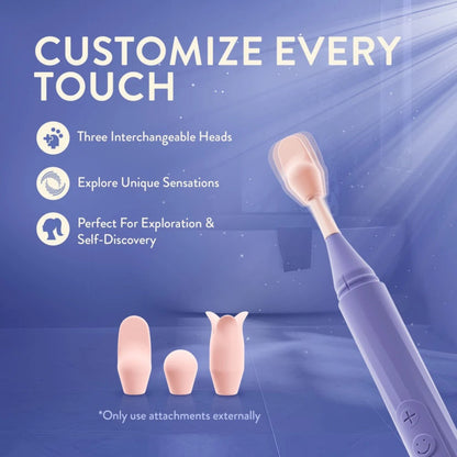Blush Juno oscillating precision wand vibrator demonstrating multi-directional oscillation motion with three interchangeable external massage heads.