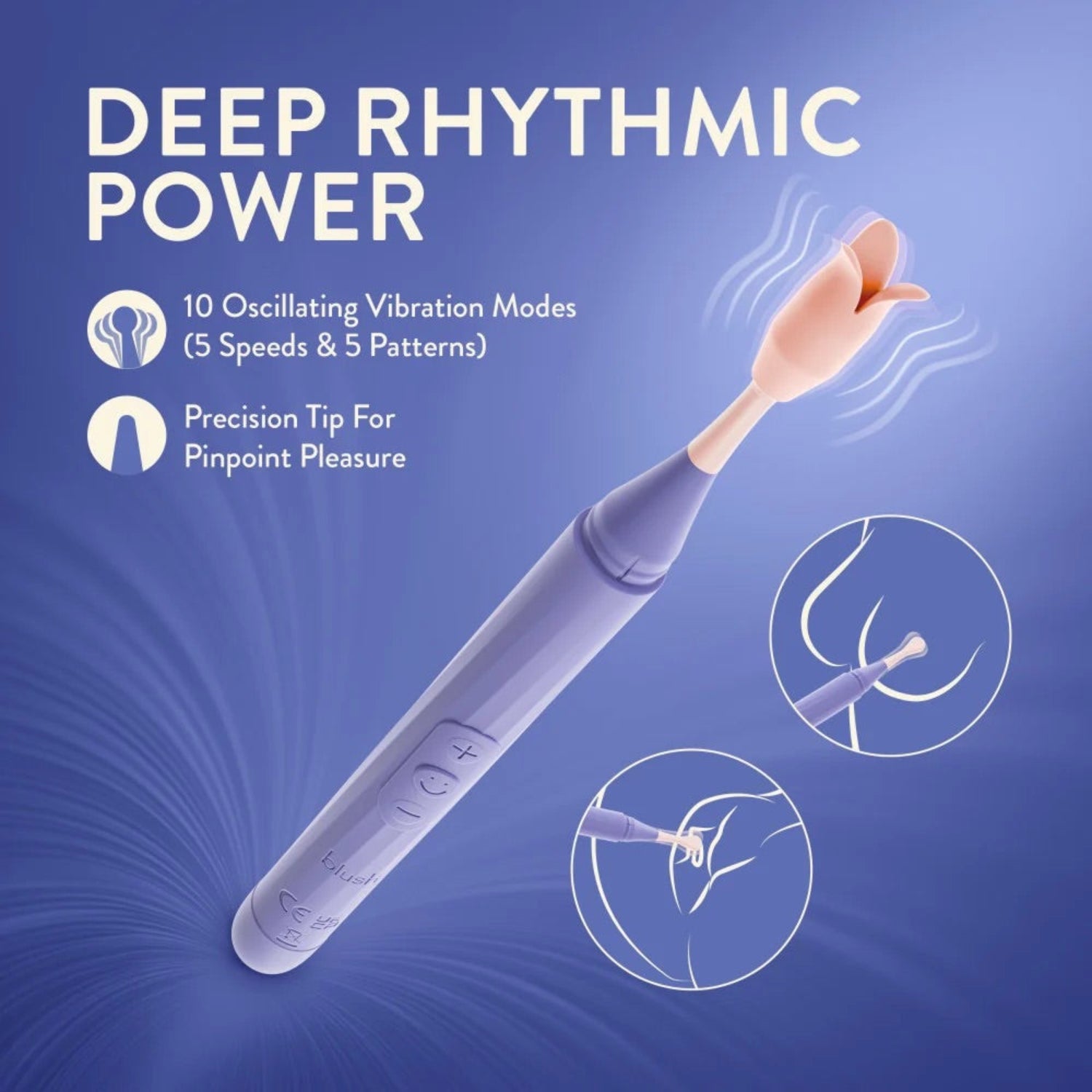 Blush Juno purple oscillating wand vibrator fitted with the pink petal attachment demonstrating deep rhythmic vibrations and targeted clitoral stimulation.