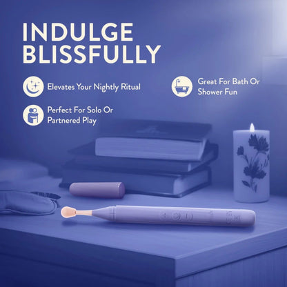 Blush Juno purple precision wand vibrator and protective cap resting on a nightstand beside a lit candle and sleep mask.