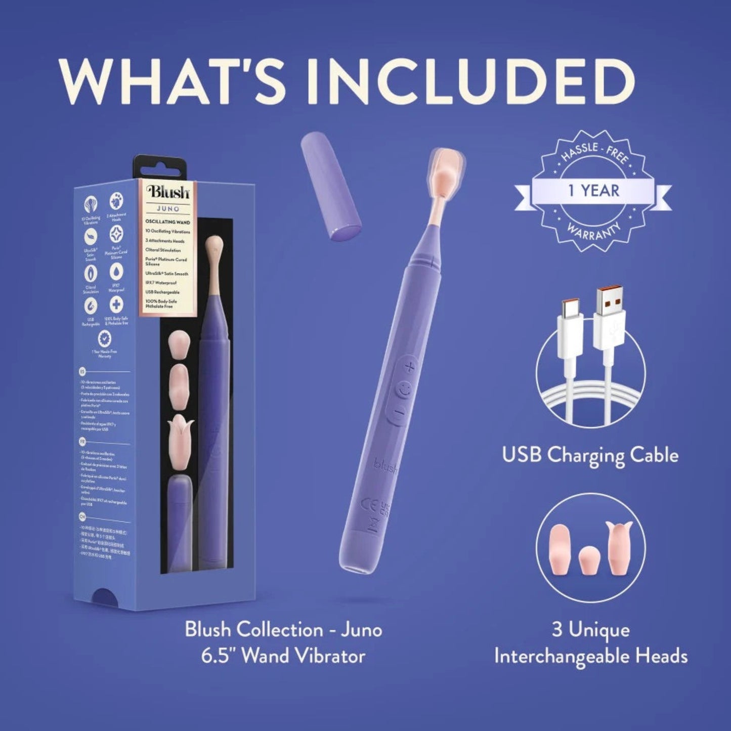 Blush Juno retail box packaging display including the purple wand vibrator, travel cap, USB charging cable, and three interchangeable silicone attachment heads.