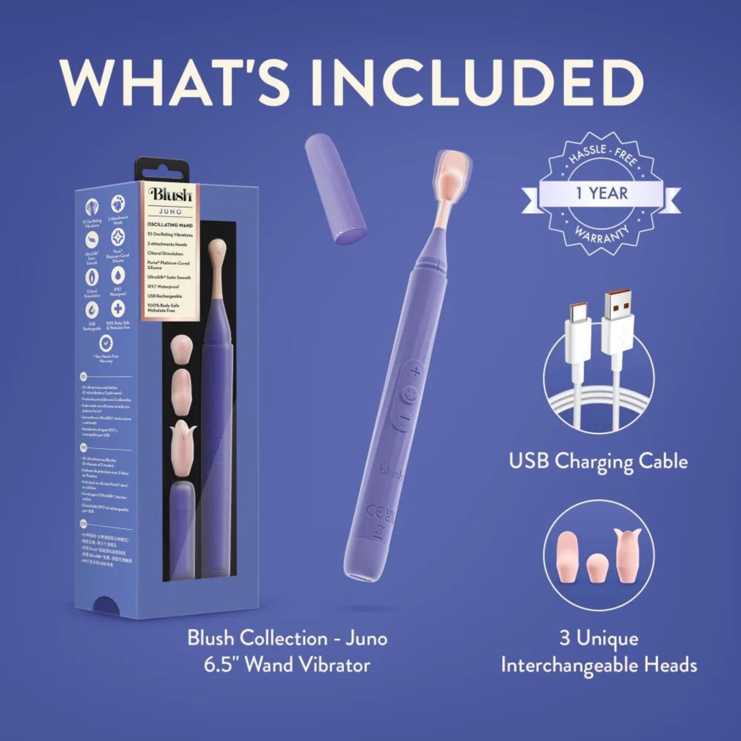 Blush Juno retail box packaging display including the purple wand vibrator, travel cap, USB charging cable, and three interchangeable silicone attachment heads.
