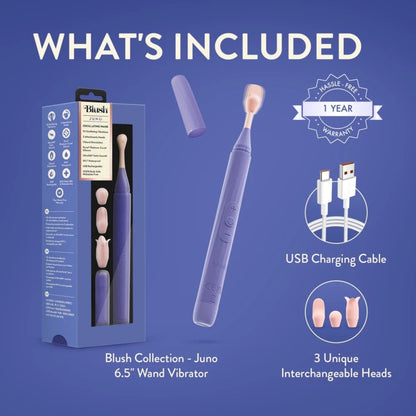 Blush Juno retail box packaging display including the purple wand vibrator, travel cap, USB charging cable, and three interchangeable silicone attachment heads.