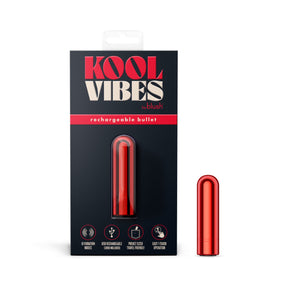 On the left side of the image is the cherry variant of product packaging. On the packaging is the Kool Vibes by blush logo, product name: Rechargeable Bullet, the product inside visible through clear packaging, and product feature icons for: 10 vibrations modes; USB Rechargeable (Cord Included); Pocket sized travel friendly; Easy 1-Touch operation. Beside the packaging is the Cherry variant of the bullet vibe standing on it's back.