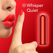 Charger l&#39;image dans la galerie, On the left of the image is a close up of a woman&#39;s lower face with her index finger close to her lips imitating the &quot;shh&quot; sound. On the right side is an image of the blush Kool Vibes Rechargeable Bullet Vibrator. On the top of the image is a feature icon for Whisper Quiet.