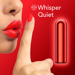 On the left of the image is a close up of a woman's lower face with her index finger close to her lips imitating the "shh" sound. On the right side is an image of the blush Kool Vibes Rechargeable Bullet Vibrator. On the top of the image is a feature icon for Whisper Quiet.