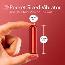 Load image into Gallery viewer, A close-up image of a woman&#39;s hand holding the blush Kool Vibes Rechargeable Bullet Vibrator with her thumb and index finger, and measurements showing the width: 1.8 centimetres / 0.7 inches, and the length: 6.4 centimetres / 2.5 inches of the bullet vibe. On the top of the image is a feature icons for: Pocket Sized Vibrator Take Your Kool Vibe on The Go!