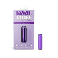 Load image into Gallery viewer, On the left side of the image is the grape variant of product packaging. On the packaging is the Kool Vibes by blush logo, product name: Rechargeable Bullet, the product inside visible through clear packaging, and product feature icons for: 10 vibrations modes; USB Rechargeable (Cord Included); Pocket sized travel friendly; Easy 1-Touch operation. Beside the packaging is the grape variant of the bullet vibe standing on it&#39;s back.