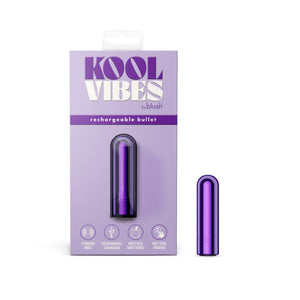 On the left side of the image is the grape variant of product packaging. On the packaging is the Kool Vibes by blush logo, product name: Rechargeable Bullet, the product inside visible through clear packaging, and product feature icons for: 10 vibrations modes; USB Rechargeable (Cord Included); Pocket sized travel friendly; Easy 1-Touch operation. Beside the packaging is the grape variant of the bullet vibe standing on it's back.
