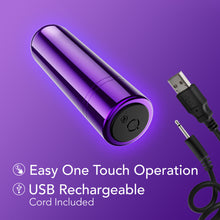 Load image into Gallery viewer, Back side view of the blush Kool Vibes Rechargeable Bullet Vibrator, showing the power button, and the charging port. Beside the bullet vibe is an image of the UCB charging cable, showing the USB end, and the opposite end that plugs into the product. At the bottom are feature icons for: Easy One Touch Operation; USB Rechargeable Cord Included.