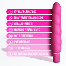 Load image into Gallery viewer, blush Luxe Anastasia Vibrator features: 10 vibrating functions; Puria revolutionary silicone; Ultrasilk smooth; Massaging pleasure waves; Soft &amp; comfortable; IPX7 Waterproof; 5 year warranty; 1 AA battery required (not included).