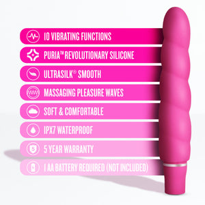 blush Luxe Anastasia Vibrator features: 10 vibrating functions; Puria revolutionary silicone; Ultrasilk smooth; Massaging pleasure waves; Soft & comfortable; IPX7 Waterproof; 5 year warranty; 1 AA battery required (not included).