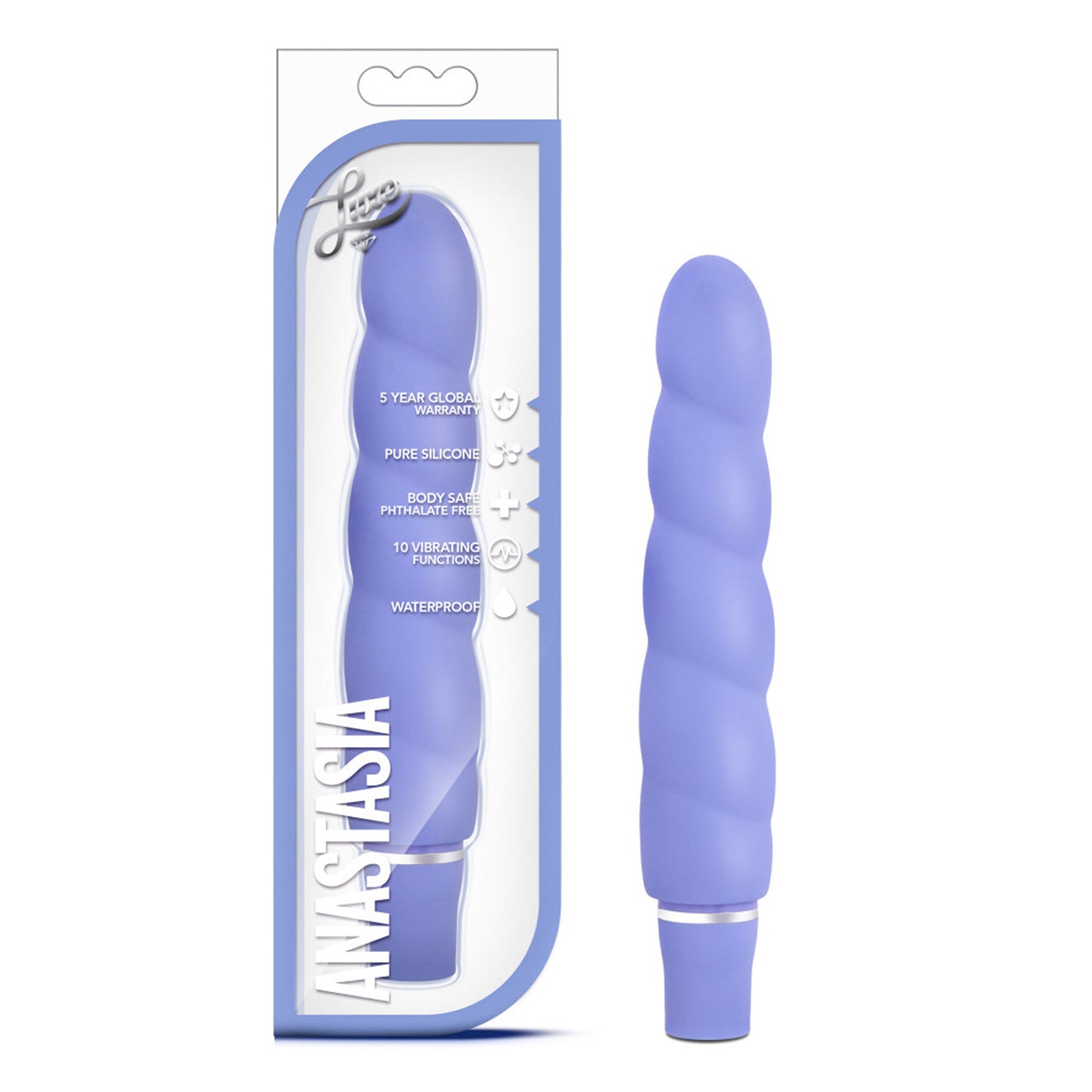 On the left side of the image is the product packaging. On the packaging Luxe & blush logos, product feature icons for: 5 year global warranty; Pure silicone; Body safe phthalate free; 10 vibrating functions; waterproof, bottom left is the product name: Anastasia, and visible through the clear packaging is the product. Beside the packaging is the product blush Luxe Anastasia Periwinkle Vibrator, standing on its base.