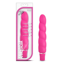 Load image into Gallery viewer, On the left side of the image is the product packaging. On the packaging Luxe &amp; blush logos, product feature icons for: 5 year global warranty; Pure silicone; Body safe phthalate free; 10 vibrating functions; waterproof, bottom left is the product name: Anastasia, and visible through the clear packaging is the product. Beside the packaging is the product blush Luxe Anastasia Pink Vibrator, standing on its base.