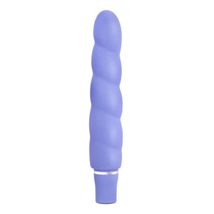 Side view of the blush Luxe Anastasia Periwinkle Vibrator, standing on its base.