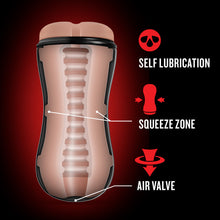 Load image into Gallery viewer, Illustrated diagram for the inside of the blush Loverboy Bad Boy Next Door Self Lubricating Butt Stroker&#39;s canal. Product feature icons for: Self lubrication; Squeeze zone (pointing to the middle of strokers, on each side); Air Valve (pointing to the bottom of the stroker).