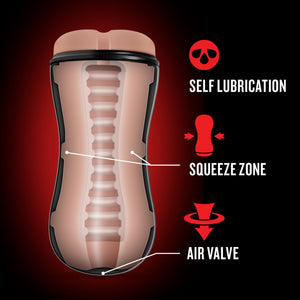 Illustrated diagram for the inside of the blush Loverboy Bad Boy Next Door Self Lubricating Butt Stroker's canal. Product feature icons for: Self lubrication; Squeeze zone (pointing to the middle of strokers, on each side); Air Valve (pointing to the bottom of the stroker).