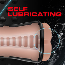 Load image into Gallery viewer, Self Lubricating, an illustrated image of the product visualizing the inside of the product&#39;s canal, and the insertion part of the stroker. At the insertion part is a large circle indicating where the self lubricating features are.