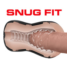Load image into Gallery viewer, Snug fit. An illustrated visualization of the strokers inner canal, and a shaft inserted into the canal, showing a lubricated, snug fit, edging along the textures.