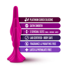 Load image into Gallery viewer, blush Luxe Beginner Plug Kit features: PLATINUM CURED SILICONE; SATIN SMOOTH; 3 SENSUAL SIZES (SMALL- MEDIUM- LARGE); LAB CERTIFIED - BODY SAFE; FRAGRANCE &amp; PARAFFINS FREE; LATEX &amp; PHTHALATE FREE.