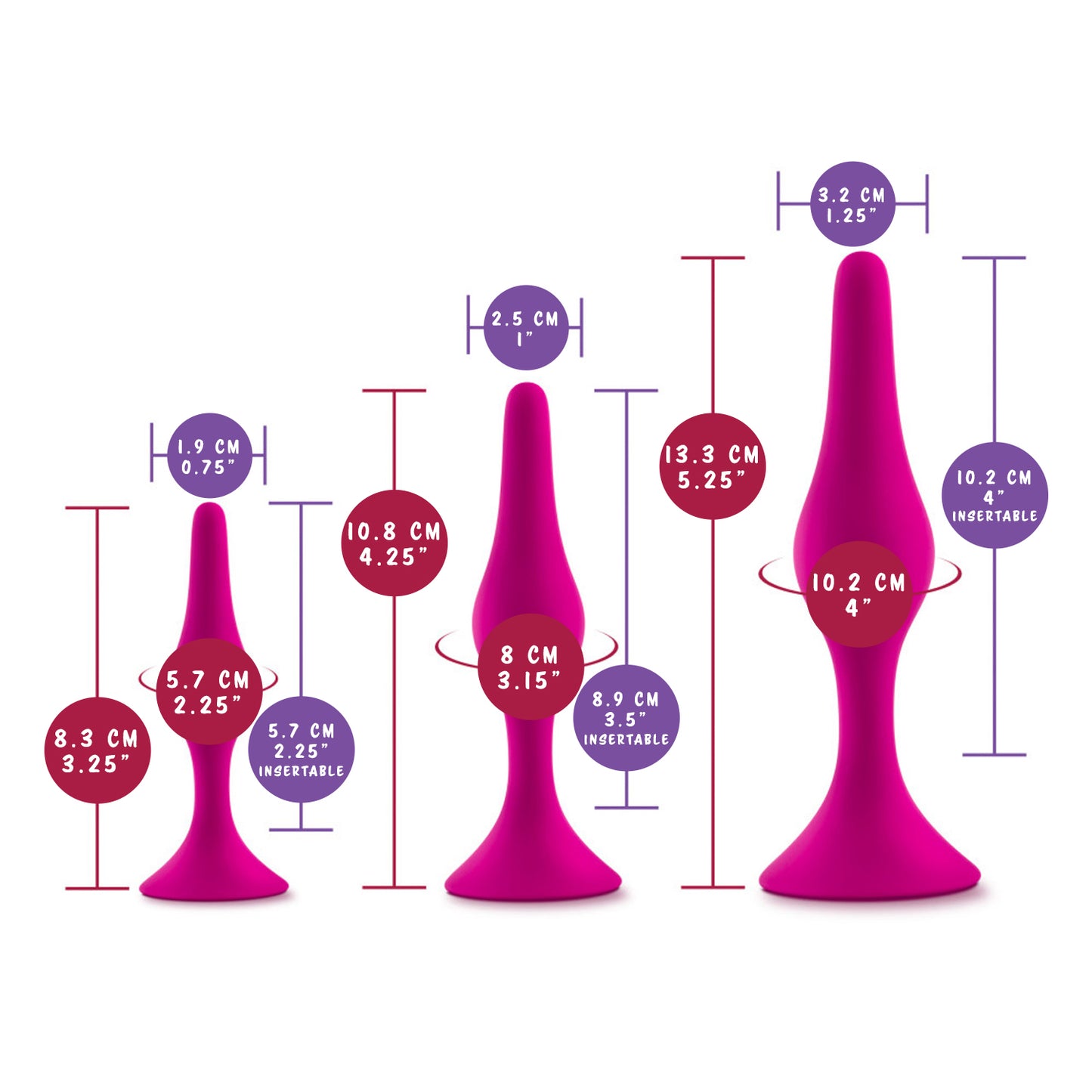 blush Luxe Beginner Plug kit measurements. Small Plug insertable width: 1.9 cm / 0.75"; Total length: 8.3 cm / 3.25"; Insertable girth: 5.7 cm / 2.25"; Insertable length: 5.7 cm / 2.25". Medium Plug insertable width: 2.5 cm / 1"; Total length: 10.8 cm / 4.25"; Insertable girth: 10.8 cm / 4.25"; Insertable girth: 8 cm / 3.15"; Insertable length: 8.9 cm / 3.5". Large Plug insertable width: 3.2 cm / 1.25"; Total length: 13.3 cm / 5.25"; Insertable girth: 10.2 cm / 4"; Insertable length: 10.2 cm / 4".