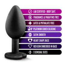 Load image into Gallery viewer, blush Luxe Bling Plugs Trainer Kit features: LAB CERTIFIED - BODY SAFE; FRAGRANCE &amp; PARAFFINS FREE; LATEX &amp; PHTHALATE FREE; PLATINUM CURED SILICONE; SATIN SMOOTH; HEART SHAPE BASE; RED GEM EMBEDDED IN BASE; 3 SENSUAL SIZES.