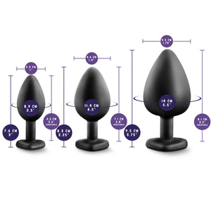 blush Luxe Bling Plugs Trainer Kit measurements. Small Plug insertable width: 2.5 cm / 1"; Total length: 7.6 cm / 3"; Insertable girth: 8.9 cm / 3.5"; Insertable length: 6.6 cm / 2.6". Medium Plug insertable width: 3.6 cm / 1.4"; Total length: 8.3 cm / 3.25"; Insertable girth: 11.4 cm / 4.5"; Insertable length: 7.1 cm / 2.8". Large Plug insertable width: 3.6 cm / 1.4"; Total length: 9.5 cm / 3.75"; Insertable girth: 14 cm / 5.5"; Insertable length: 8.1 cm / 3.2".