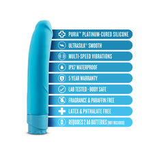 Load image into Gallery viewer, blush Luxe Beau Vibrator features: PURIA™ PLATINUM-CURED SILICONE; ULTRASILK® SMOOTH; MULTI-SPEED VIBRATIONS; IPX7 WATERPROOF; 5 YEAR WARRANTY; LAB TESTED - BODY SAFE; FRAGRANCE &amp; PARAFFIN FREE; LATEX &amp; PHTHALATE FREE; REQUIRES 2 AA BATTERIES (NOT INCLUDED).