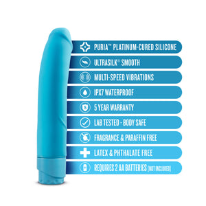 blush Luxe Beau Vibrator features: PURIA™ PLATINUM-CURED SILICONE; ULTRASILK® SMOOTH; MULTI-SPEED VIBRATIONS; IPX7 WATERPROOF; 5 YEAR WARRANTY; LAB TESTED - BODY SAFE; FRAGRANCE & PARAFFIN FREE; LATEX & PHTHALATE FREE; REQUIRES 2 AA BATTERIES (NOT INCLUDED).
