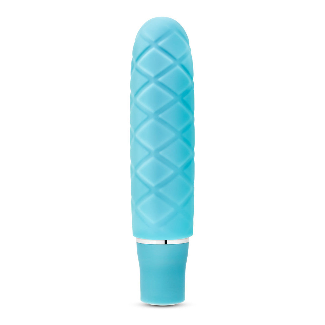 Side view of the blush Luxe Cozi Mini Aqua Vibrator, standing up on its base.