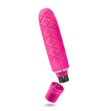 Load image into Gallery viewer, Side view of the blush Luxe Cozi Mini Faschia Vibrator, with the battery cap off, showing the placement of the AA battery.