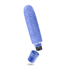 Load image into Gallery viewer, Side view of the blush Luxe Cozi Mini Periwinkle Vibrator, with the battery cap off, showing the placement of the AA battery.