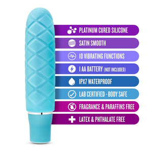 blush Luxe Cozi Mini Vibrator features: PLATINUM CURED SILICONE; SATIN SMOOTH; 10 VIBRATING FUNCTIONS; I AA BATTERY (NOT INCLUDED); IPX7 WATERPROOF; LAB CERTIFIED - BODY SAFE; FRAGRANCE & PARAFFINS FREE; LATEX & PHTHALATE FREE.