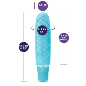 blush Luxe Cozi Mini Vibrator measurements: Insertable width: 2.5 centimetres / 1 inch; Product length: 12.1 centimetres / 4.75 inches; Insertable Girth: 8.9 centimetres / 3.5 inches; Insertable length: 8.9 centimetres / 3.5 inches.