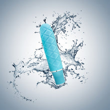 Load image into Gallery viewer, blush Luxe Cozi Mini Vibrator, with a water splash in the background, indicating the product is waterproof.